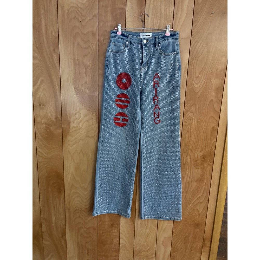 Fashion Nova BTS ARMY Custom Rhinestone Wide Leg Jeans Light Wash Women Size 7